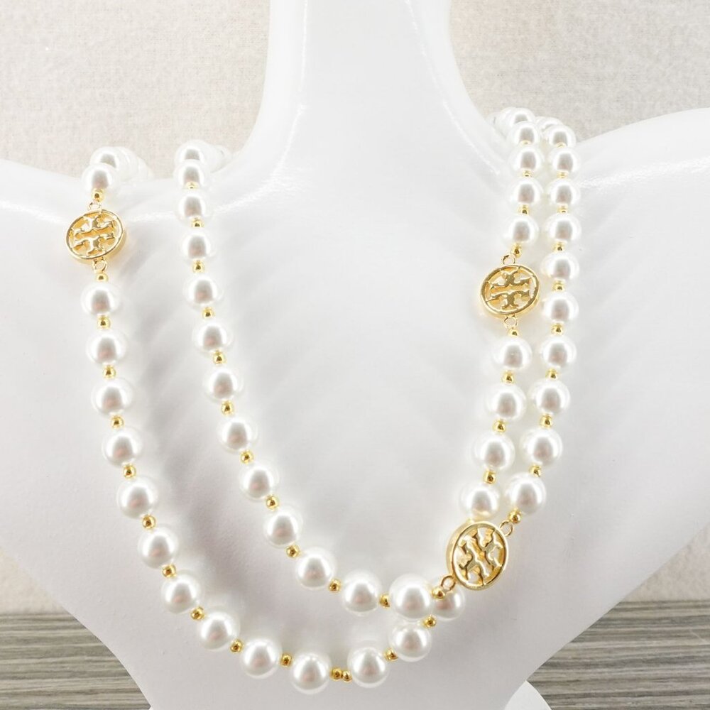Tory Burch Gold Plated Beaded Long Pearl Station Chain Necklace Gold/ Ivory OS - Picture 6 of 12